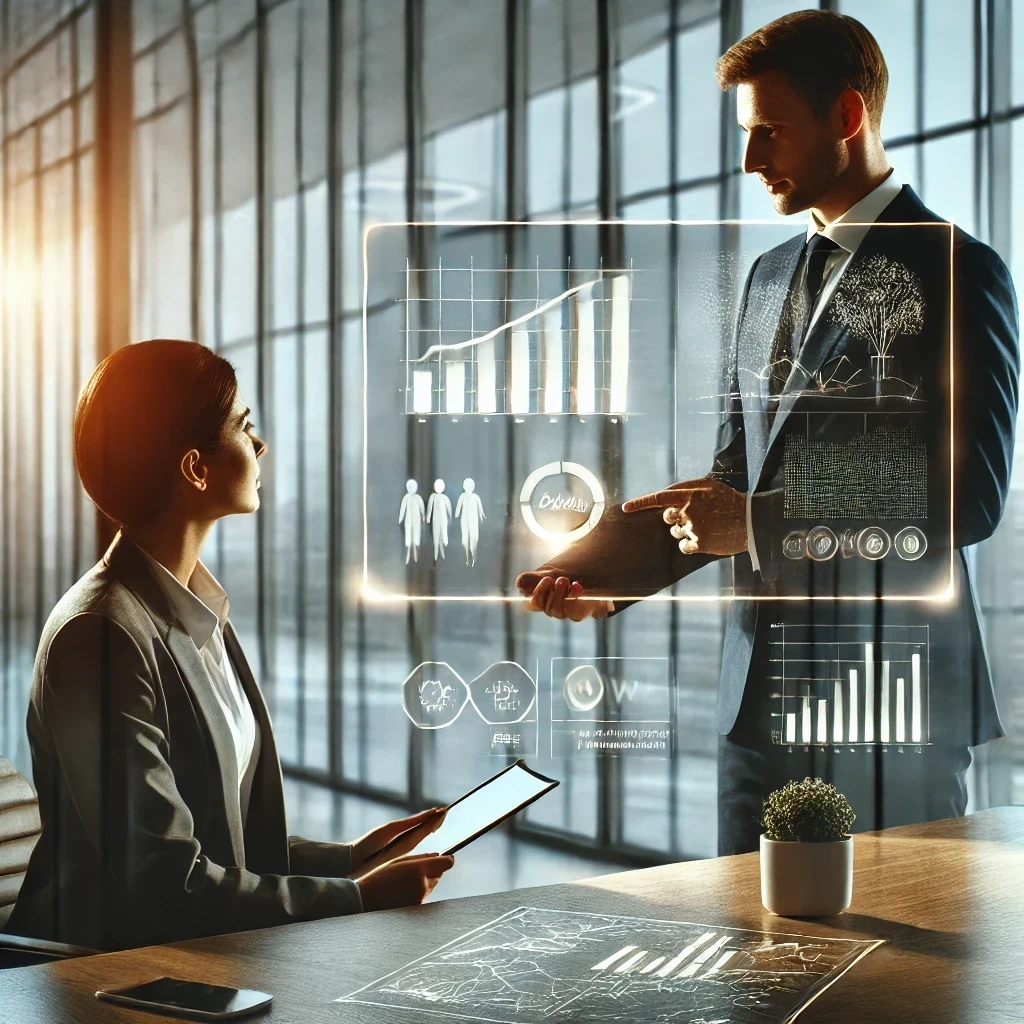 DALL·E 2024-08-21 17.53.26 - A modern, well-lit office scene depicting a consultation meeting. In the foreground, a professional consultant is presenting a strategy or plan to a c