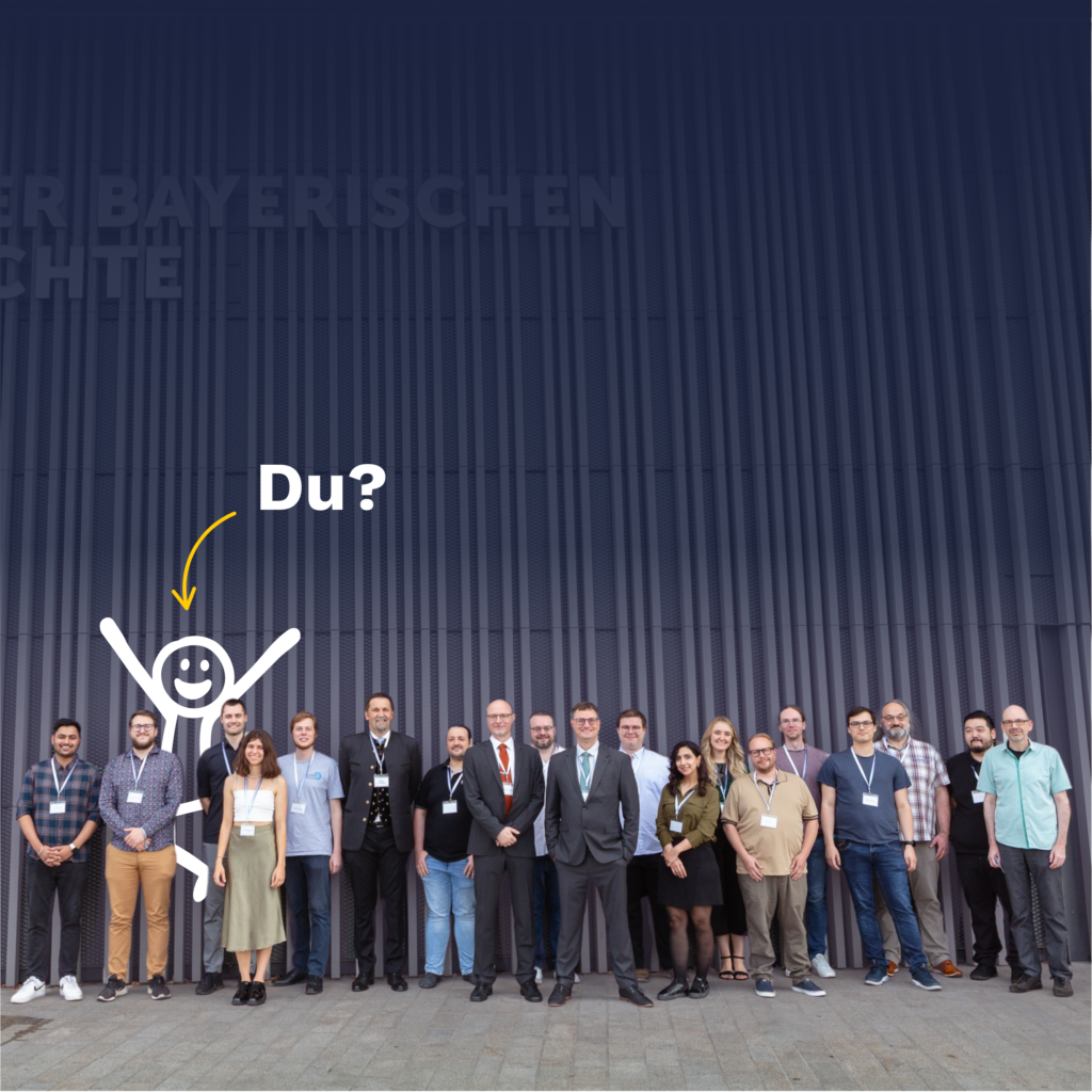 Gesamtes Team von 25 Personen, mit Strichmännchen auf das ein Pfeil deutet mit "Du?"